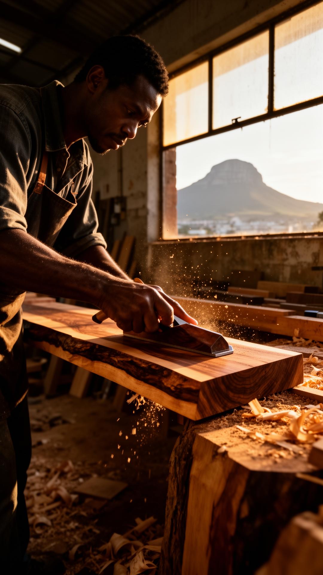 Cape Town craftsman planing African hardwood